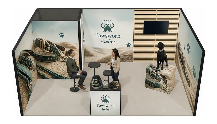 Stoisko 6 × 4 m szeregowe dla branży akcesoria dla zwierząt, przykładowa marka Pawsworn Atelier