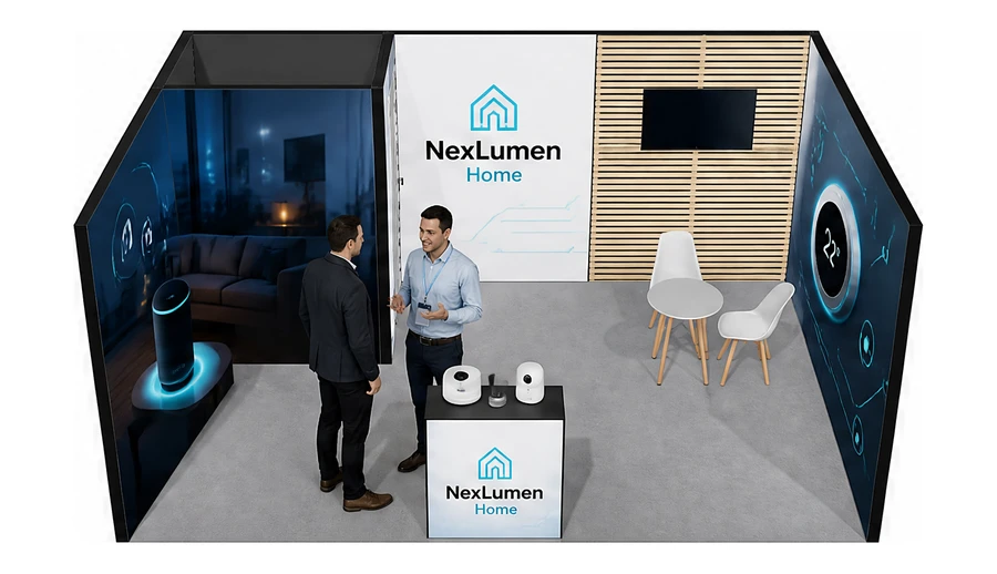 Stoisko 6 × 4 m szeregowe dla branży smart home i IoT, przykładowa marka NexLumen Home