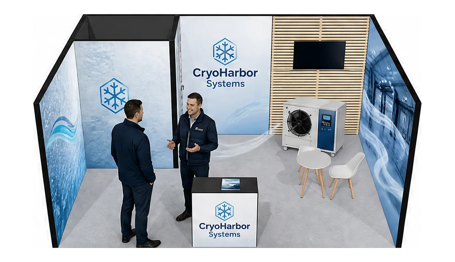 Stoisko 6 × 4 m szeregowe dla branży łańcuch chłodniczy, przykładowa marka CryoHarbor Systems