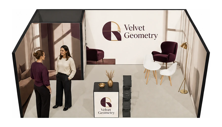 Stoisko 6 × 4 m szeregowe dla branży meble designerskie, przykładowa marka Velvet Geometry