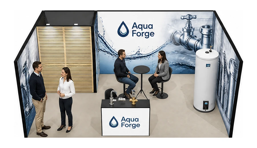 Stoisko 6 × 4 m szeregowe dla branży instalacje wodno-kanalizacyjne, przykładowa marka Aqua Forge