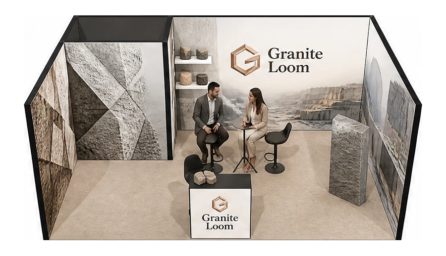 Stoisko 6 × 4 m szeregowe dla branży kamień i kamieniarstwo, przykładowa marka Granite Loom