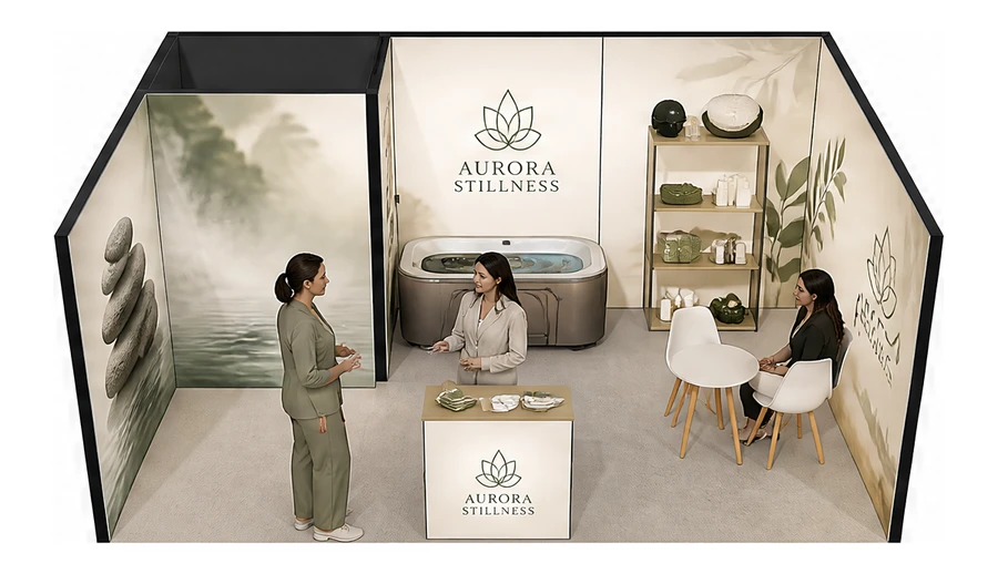 Stoisko 6 × 4 m szeregowe dla branży spa i wellness, przykładowa marka Aurora Stillness