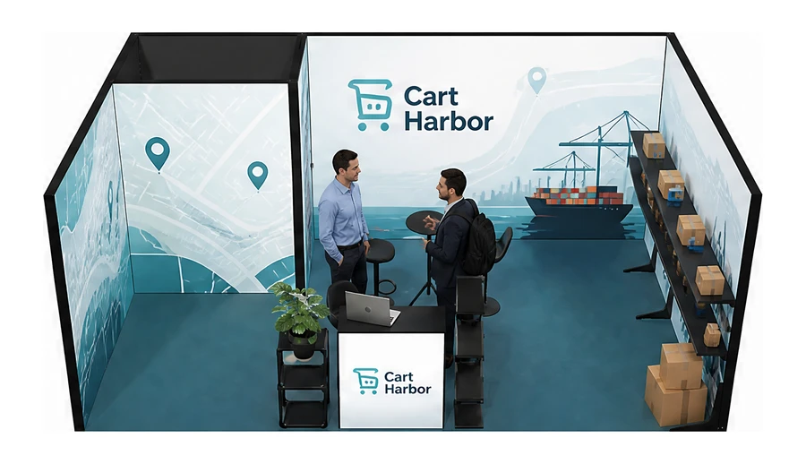 Stoisko 6 × 4 m szeregowe dla branży e-commerce, przykładowa marka Cart Harbor
