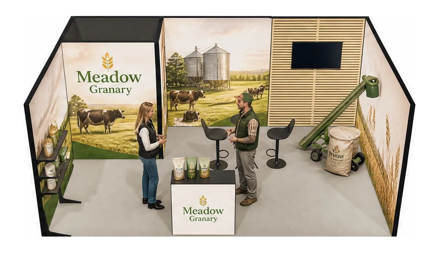 Stoisko 6 × 4 m szeregowe dla branży hodowla i pasze, przykładowa marka Meadow Granary