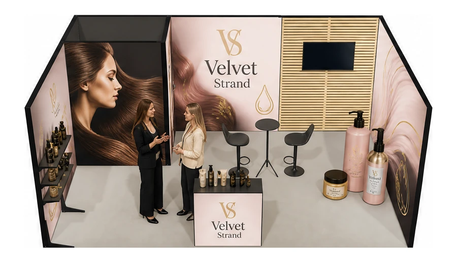 Stoisko 6 × 4 m szeregowe dla branży fryzjerstwo i salony beauty, przykładowa marka Velvet Strand