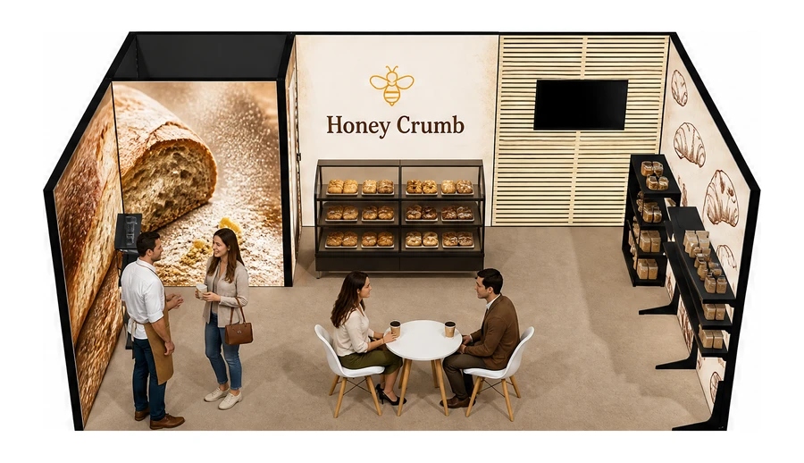 Stoisko 6 × 4 m szeregowe dla branży piekarnictwo i cukiernictwo, przykładowa marka Honey Crumb
