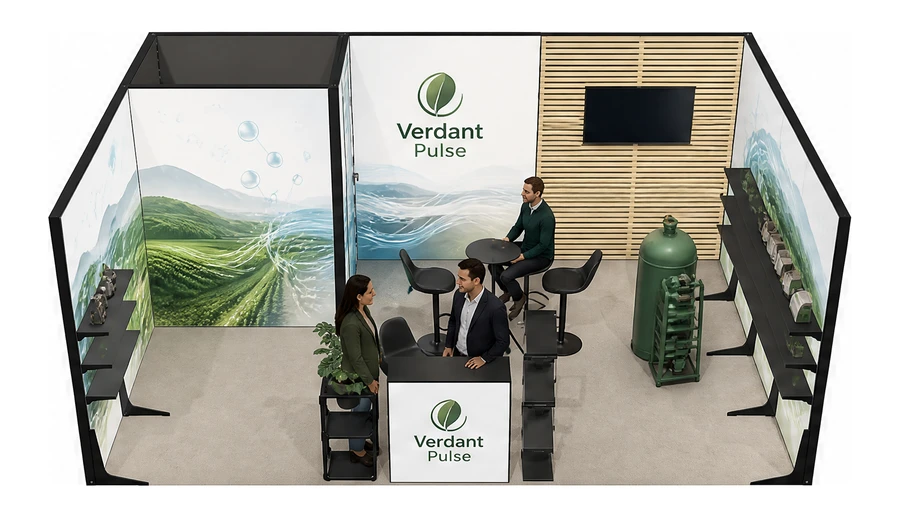 Stoisko 6 × 4 m szeregowe dla branży biogaz i OZE, przykładowa marka Verdant Pulse