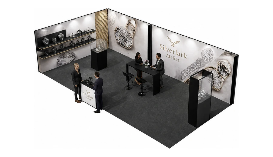 Stoisko 10 × 5 m narożne lewe dla branży biżuteria, przykładowa marka Silverlark Atelier