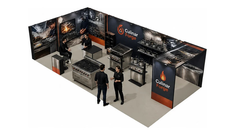 Stoisko 10 × 5 m narożne lewe dla branży wyposażenie gastronomii, przykładowa marka Culinar Forge
