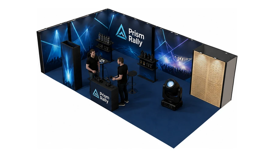 Stoisko 10 × 5 m narożne lewe dla branży branża eventowa, przykładowa marka Prism Rally