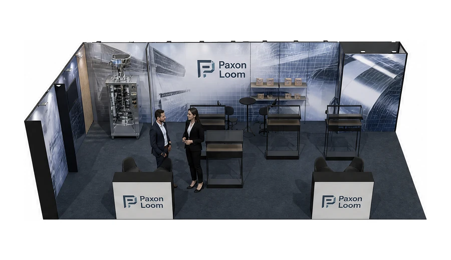 Stoisko 10 × 5 m narożne lewe dla branży maszyny pakujące, przykładowa marka Paxon Loom