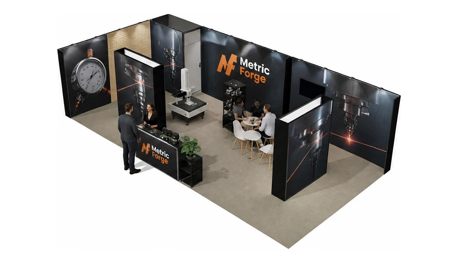 Stoisko 10 × 5 m narożne lewe dla branży technika pomiarowa, przykładowa marka Metric Forge