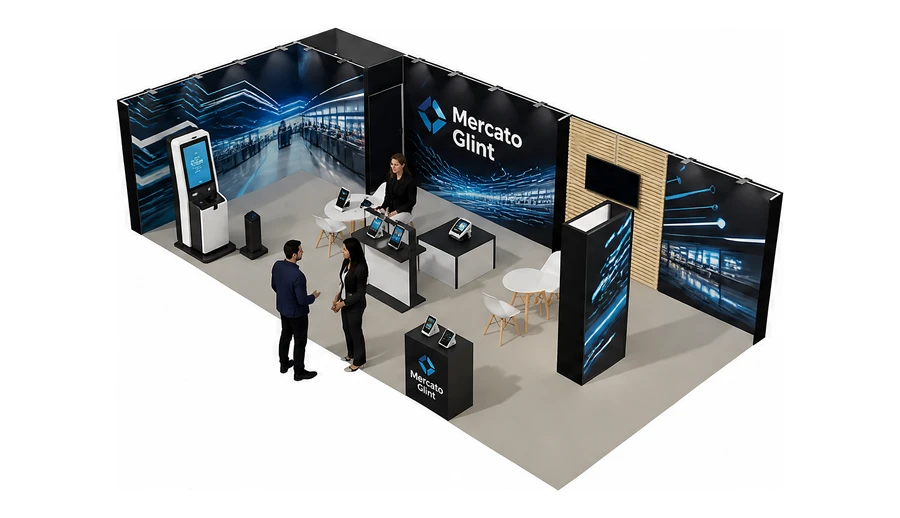 Stoisko 10 × 5 m narożne lewe dla branży technologie dla handlu, przykładowa marka Mercato Glint