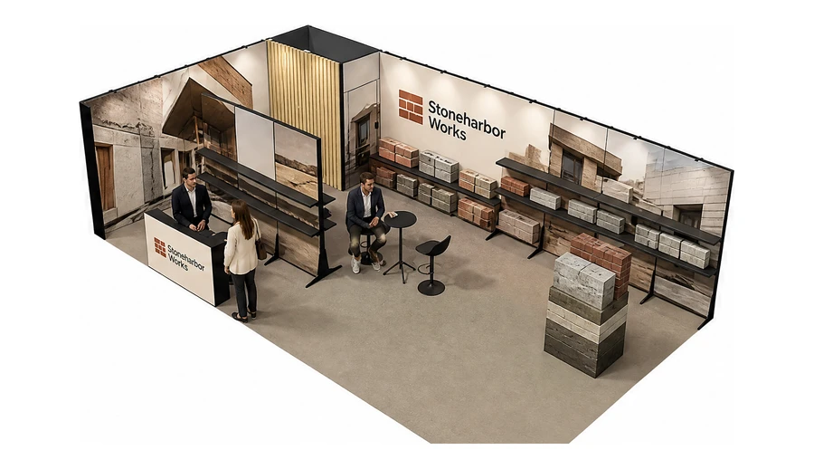 Stoisko 10 × 5 m narożne lewe dla branży materiały budowlane, przykładowa marka Stoneharbor Works