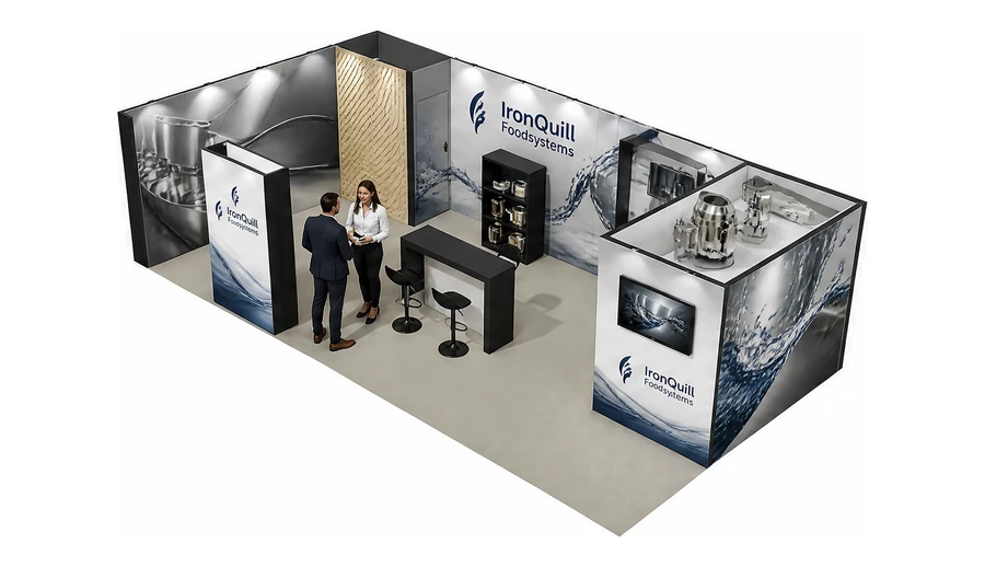 Stoisko 10 × 5 m narożne lewe dla branży technologie spożywcze, przykładowa marka IronQuill Foodsystems
