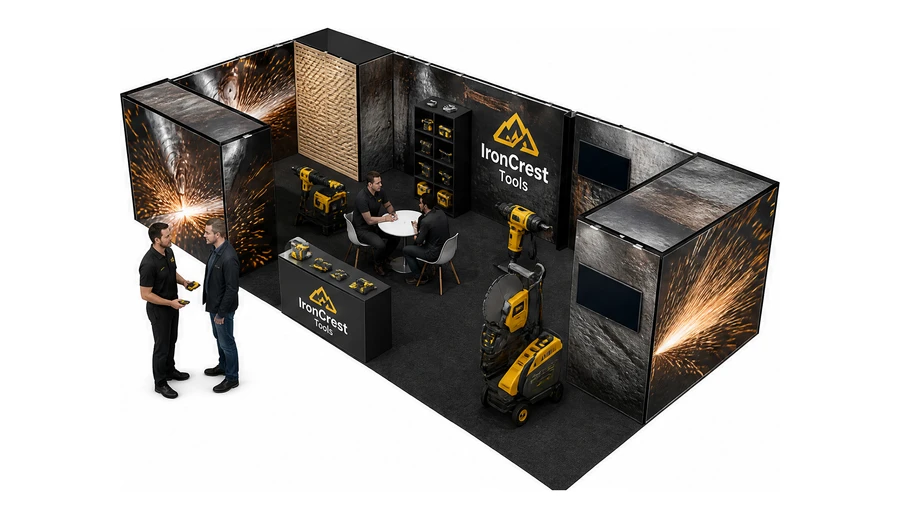 Stoisko 10 × 5 m narożne lewe dla branży elektronarzędzia, przykładowa marka IronCrest Tools
