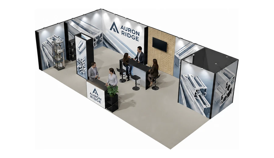 Stoisko 10 × 5 m narożne lewe dla branży profile aluminiowe, przykładowa marka Auron Ridge
