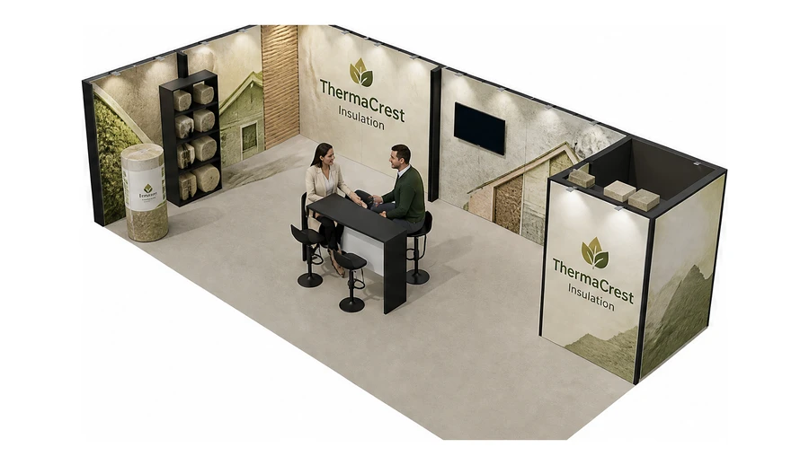 Stoisko 10 × 5 m narożne lewe dla branży izolacje techniczne, przykładowa marka ThermaCrest Insulation