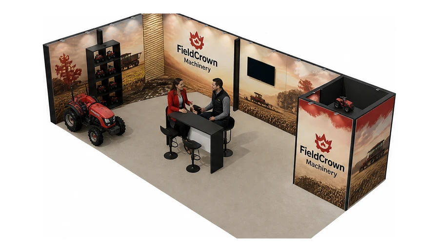 Stoisko 10 × 5 m narożne lewe dla branży maszyny rolnicze, przykładowa marka FieldCrown Machinery