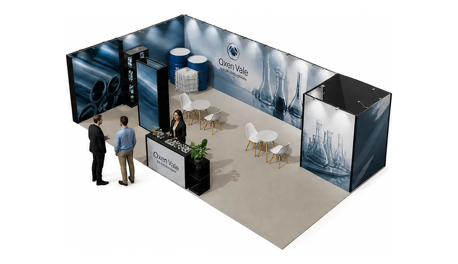 Stoisko 10 × 5 m narożne lewe dla branży chemia przemysłowa i powłoki, przykładowa marka Oxen Vale