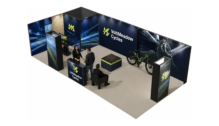 Stoisko 10 × 5 m narożne lewe dla branży rowery elektryczne, przykładowa marka VoltMeadow Cycles
