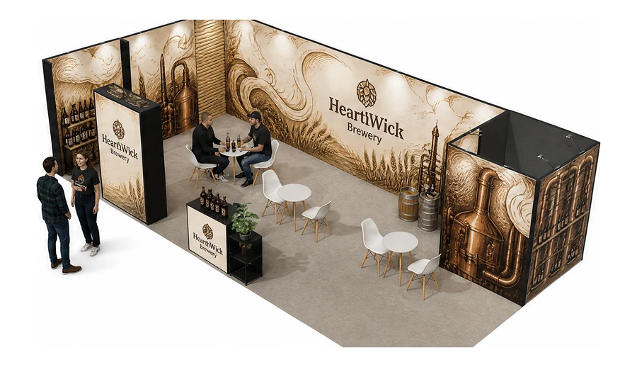 Stoisko 10 × 5 m narożne lewe dla branży browar rzemieślniczy, przykładowa marka HearthWick Brewery