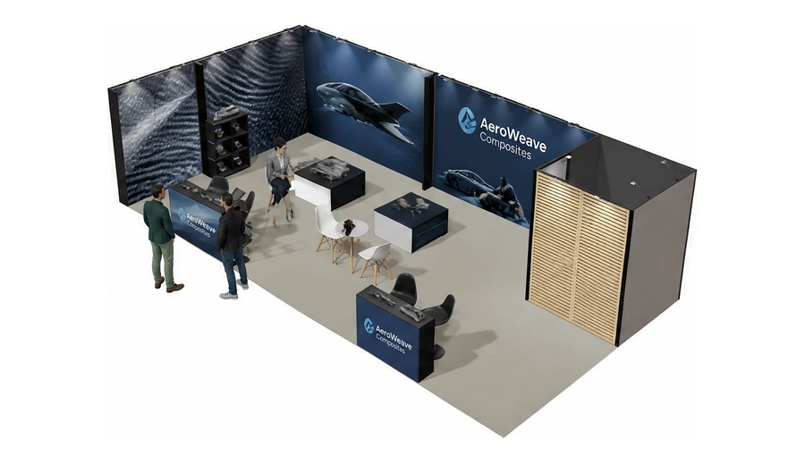 Stoisko 10 × 5 m narożne lewe dla branży materiały kompozytowe, przykładowa marka AeroWeave Composites