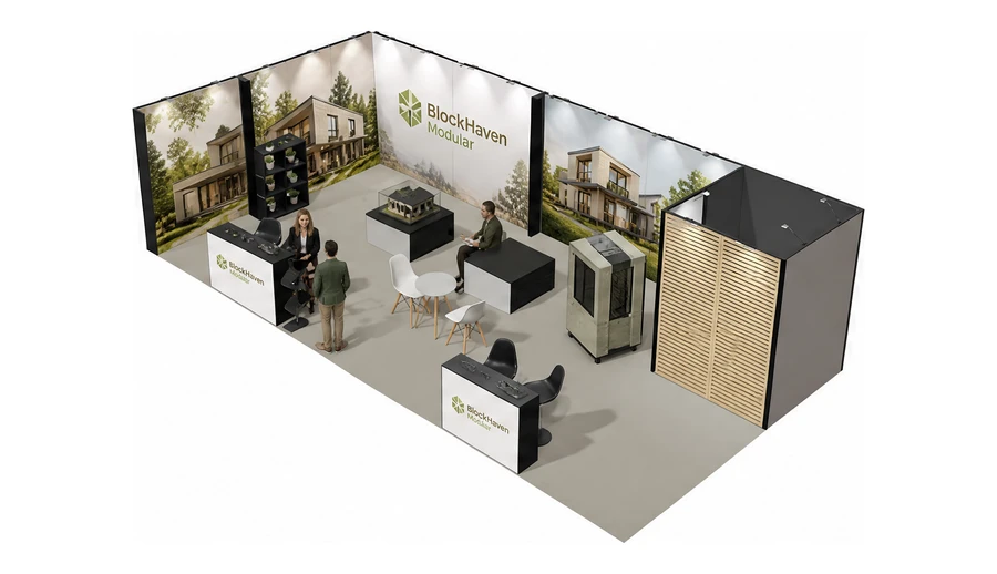 Stoisko 10 × 5 m narożne lewe dla branży domy modułowe i prefabrykacja, przykładowa marka BlockHaven Modular