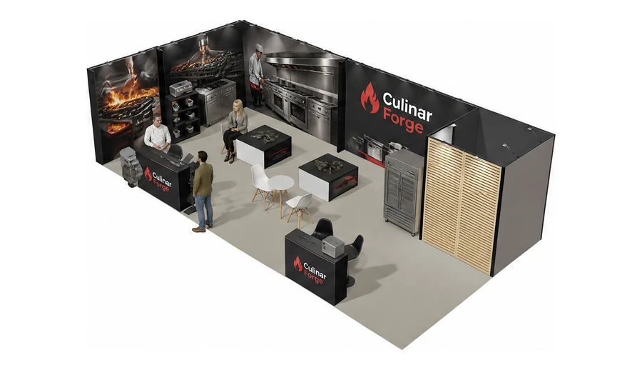 Stoisko 10 × 5 m narożne lewe dla branży wyposażenie gastronomii, przykładowa marka Culinar Forge