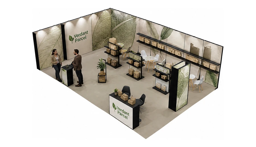 Stoisko 10 × 6 m narożne lewe dla branży opakowania ekologiczne, przykładowa marka Verdant Parcel