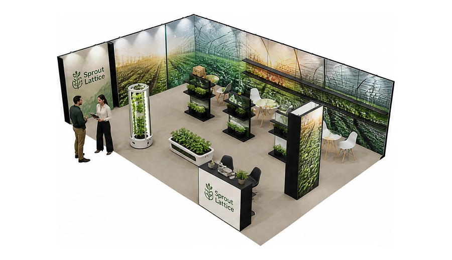 Stoisko 10 × 6 m narożne lewe dla branży sadownictwo i warzywnictwo, przykładowa marka Sprout Lattice