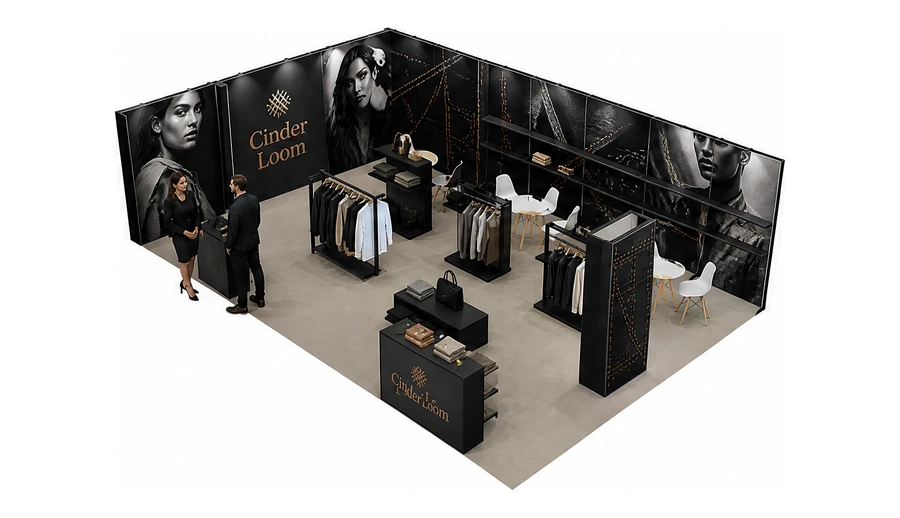 Stoisko 10 × 6 m narożne lewe dla branży odzież i moda, przykładowa marka Cinder Loom