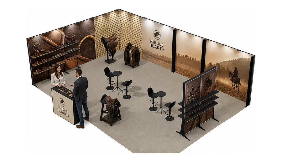 Stoisko 10 × 6 m narożne lewe dla branży jeździectwo, przykładowa marka Bridle Hearth
