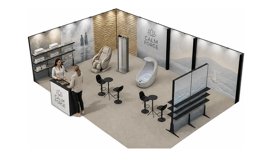 Stoisko 10 × 6 m narożne lewe dla branży spa i wellness, przykładowa marka Calm Forge