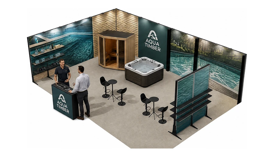 Stoisko 10 × 6 m narożne lewe dla branży baseny i sauny, przykładowa marka Aqua Timber