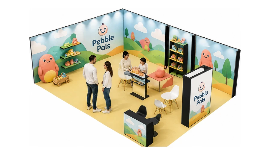 Stoisko 10 × 6 m narożne lewe dla branży zabawki i artykuły dziecięce, przykładowa marka Pebble Pals
