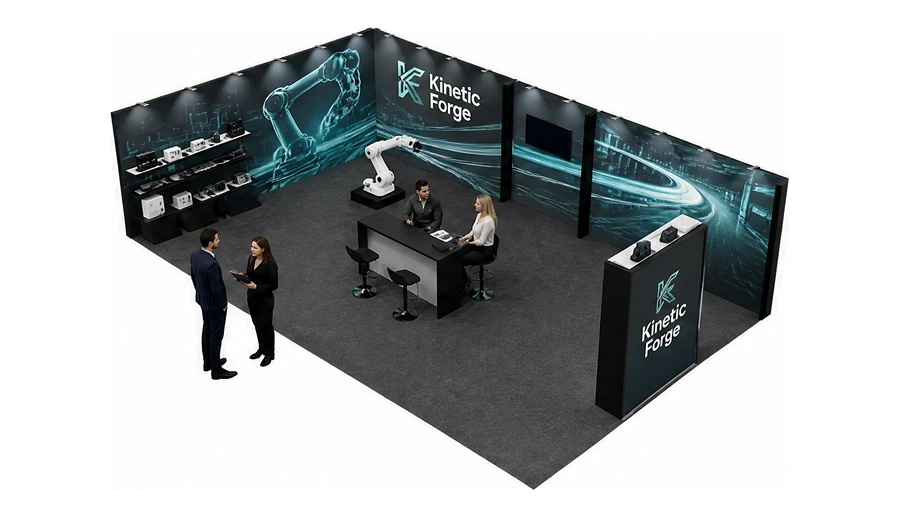 Stoisko 10 × 6 m narożne lewe dla branży automatyka przemysłowa, przykładowa marka Kinetic Forge