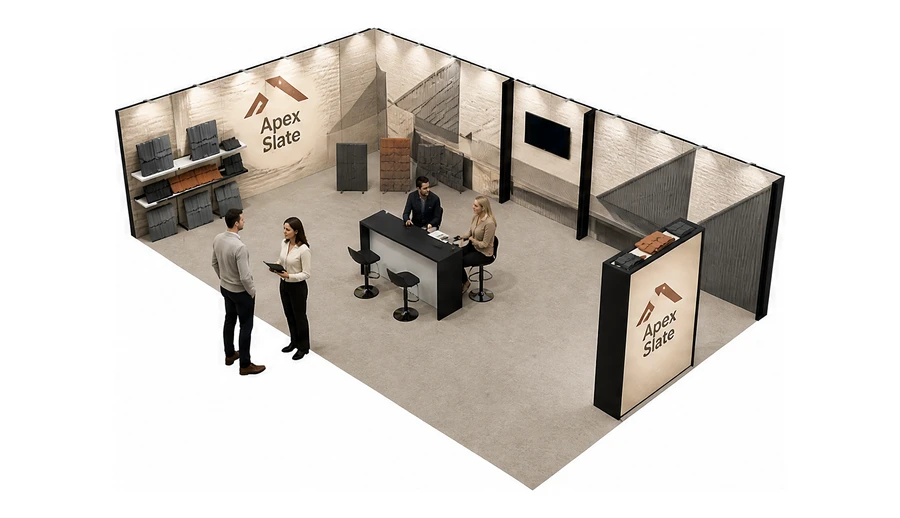 Stoisko 10 × 6 m narożne lewe dla branży dachy i elewacje, przykładowa marka Apex Slate