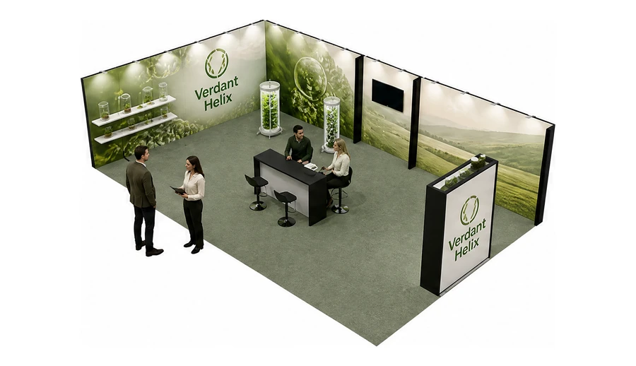 Stoisko 10 × 6 m narożne lewe dla branży biogaz i OZE, przykładowa marka Verdant Helix