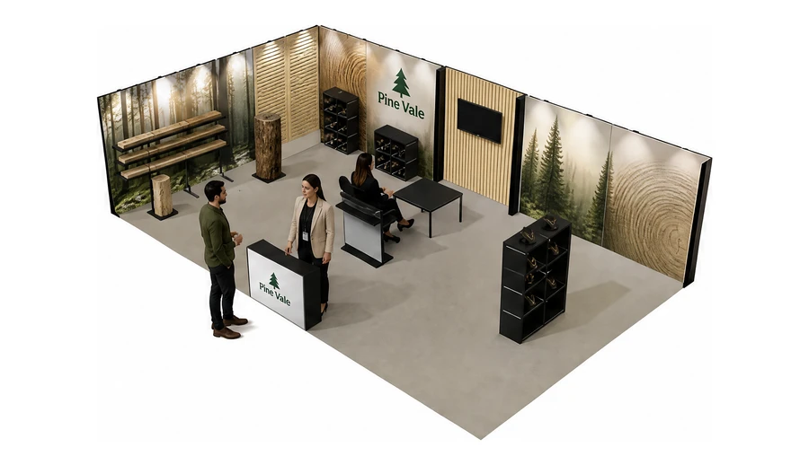 Stoisko 10 × 6 m narożne lewe dla branży leśnictwo i przemysł drzewny, przykładowa marka Pine Vale