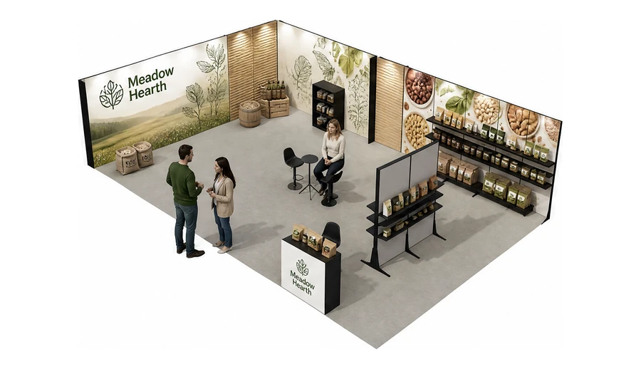Stoisko 10 × 6 m narożne lewe dla branży żywność ekologiczna, przykładowa marka Meadow Hearth