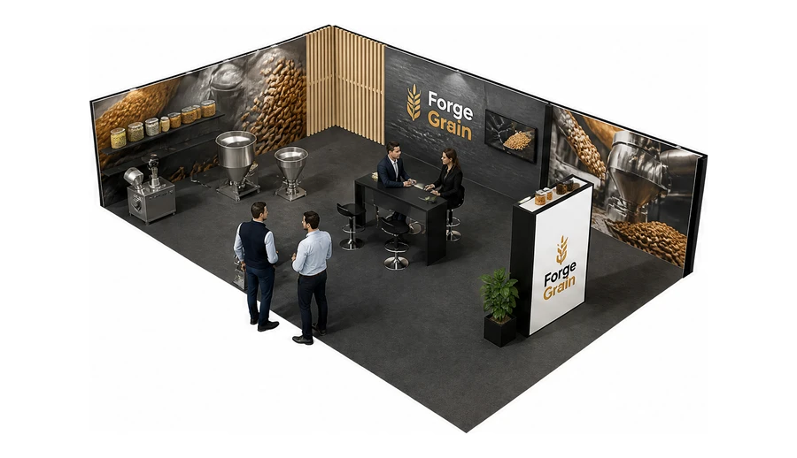 Stoisko 10 × 6 m narożne lewe dla branży technologie spożywcze, przykładowa marka Forge Grain