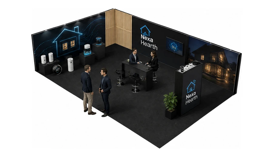 Stoisko 10 × 6 m narożne lewe dla branży smart home i IoT, przykładowa marka Nexa Hearth