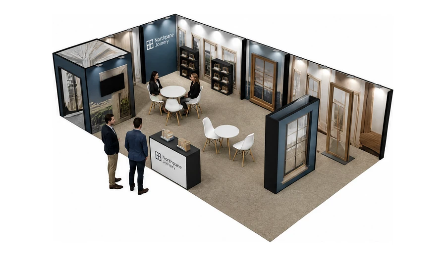 Stoisko 10 × 6 m narożne lewe dla branży okna i drzwi, przykładowa marka Northpane Joinery