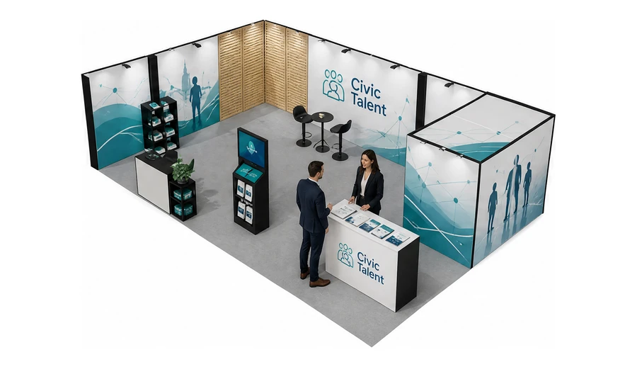 Stoisko 10 × 6 m narożne lewe dla branży HR i rekrutacja, przykładowa marka Civic Talent
