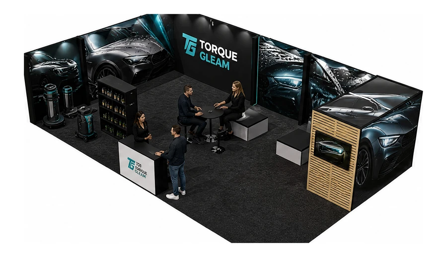 Stoisko 10 × 6 m narożne lewe dla branży tuning i detailing, przykładowa marka Torque Gleam