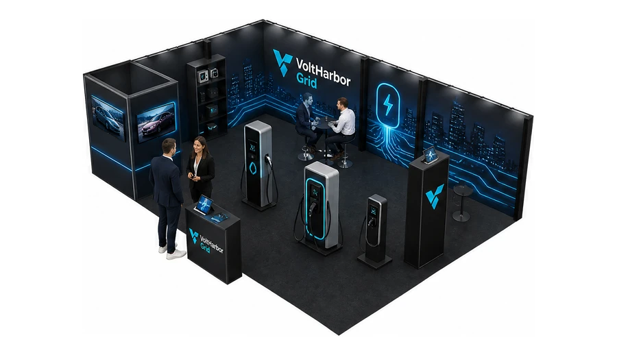 Stoisko 10 × 6 m narożne lewe dla branży elektromobilność i ładowarki, przykładowa marka VoltHarbor Grid