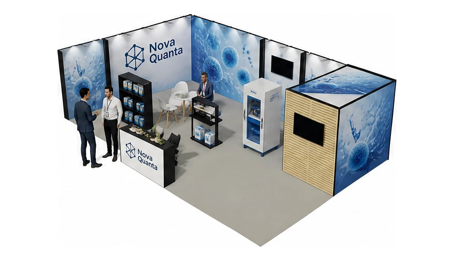 Stoisko 10 × 6 m narożne lewe dla branży farmacja i biotechnologia, przykładowa marka Nova Quanta