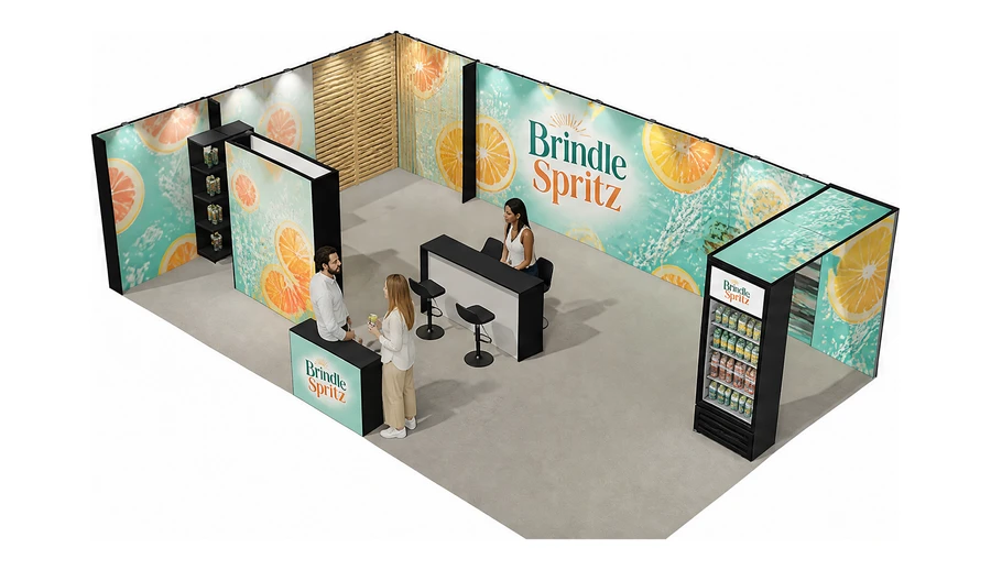 Stoisko 10 × 6 m narożne lewe dla branży napoje, przykładowa marka Brindle Spritz